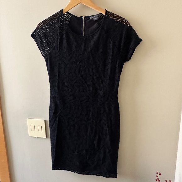 Armani Exchange Short Sleeve Black Dress with Mesh Lace Overlay - Picture 1 of 4
